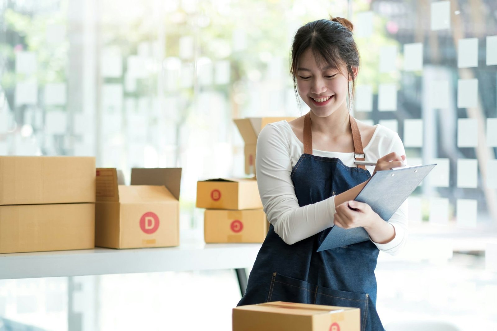Starting small businesses SME owners female entrepreneurs Use a laptop or notebook to receive and